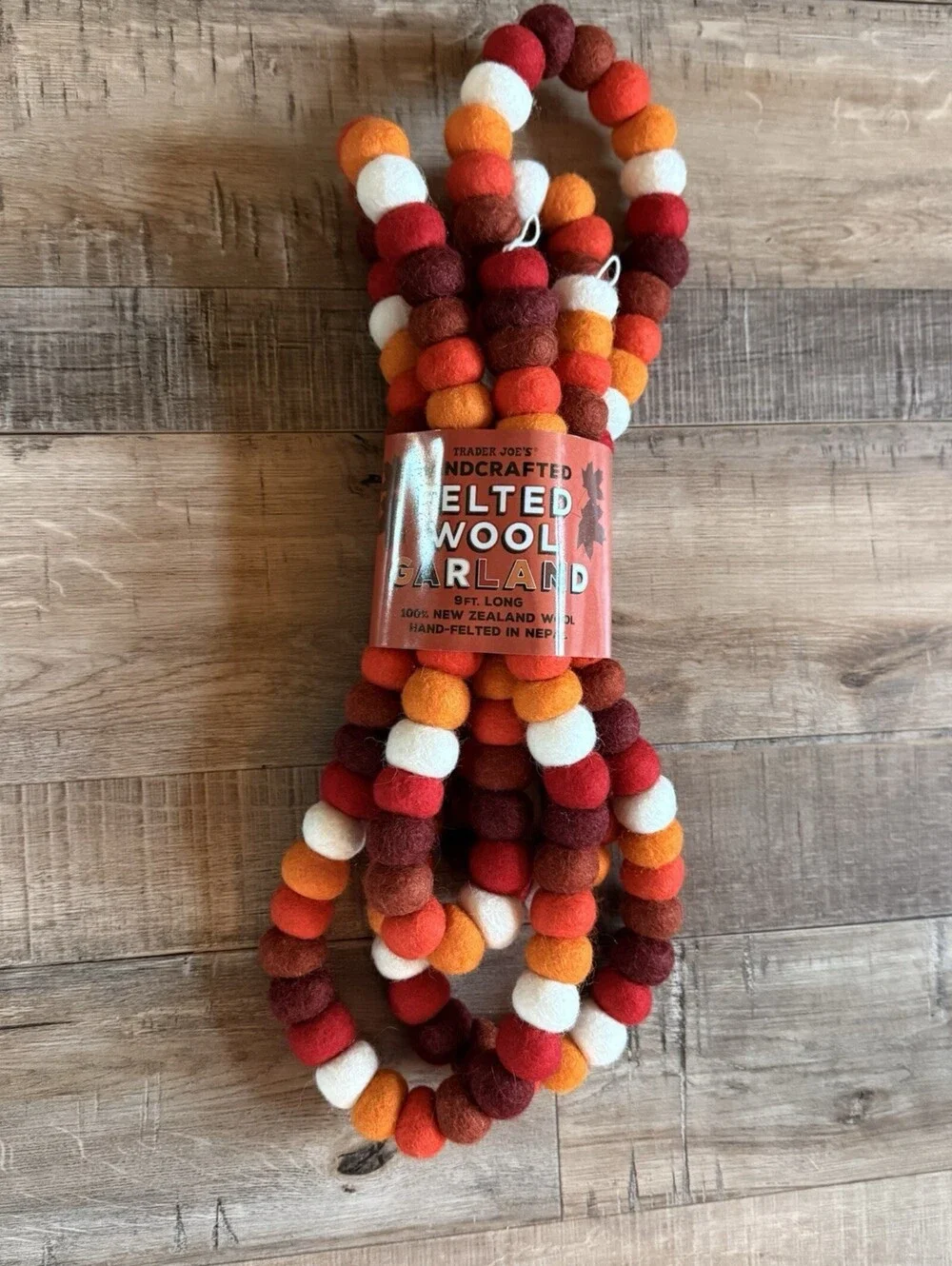 NWT Trader Joe's Handcrafted Felted Wool Garland Fall 9FT Orange Halloween Decor